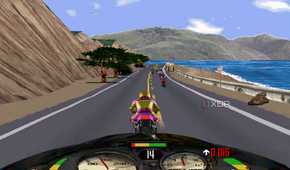 A screenshot from the game Road Rash, showing a bike race alongside a shoreline.