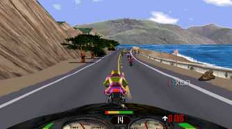 A screenshot from the game Road Rash, showing a bike race alongside a shoreline.