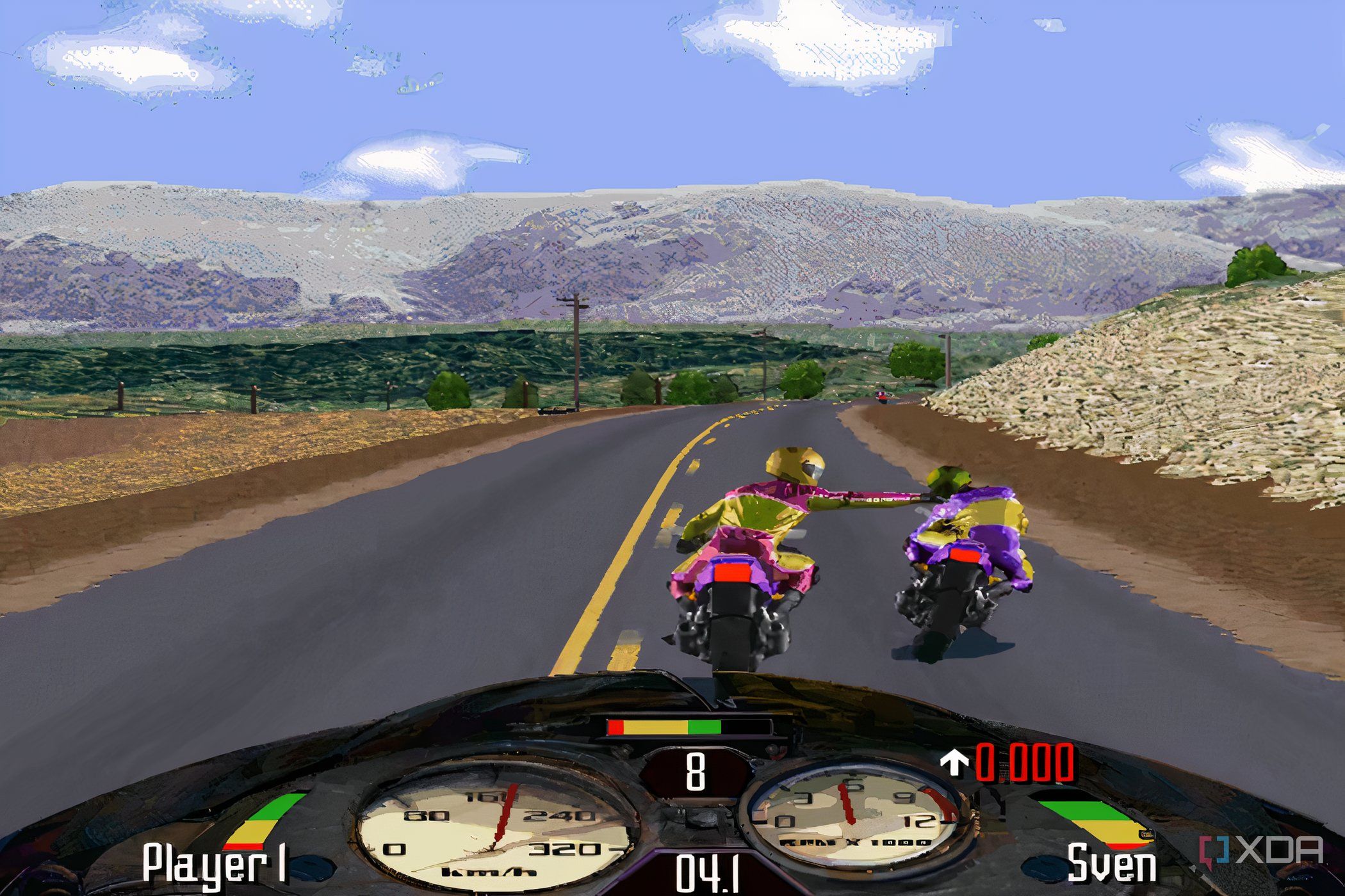 A screenshot from the game Road Rash, showing the player character punching another biker while racing.