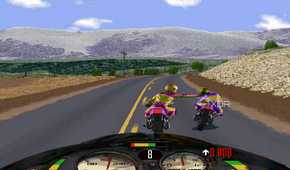 A screenshot from the game Road Rash, showing the player character punching another biker while racing.