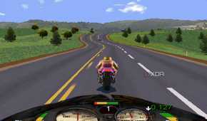 A screenshot from the game Road Rash, showing a bike racing down a road in the middle of grassy plains.