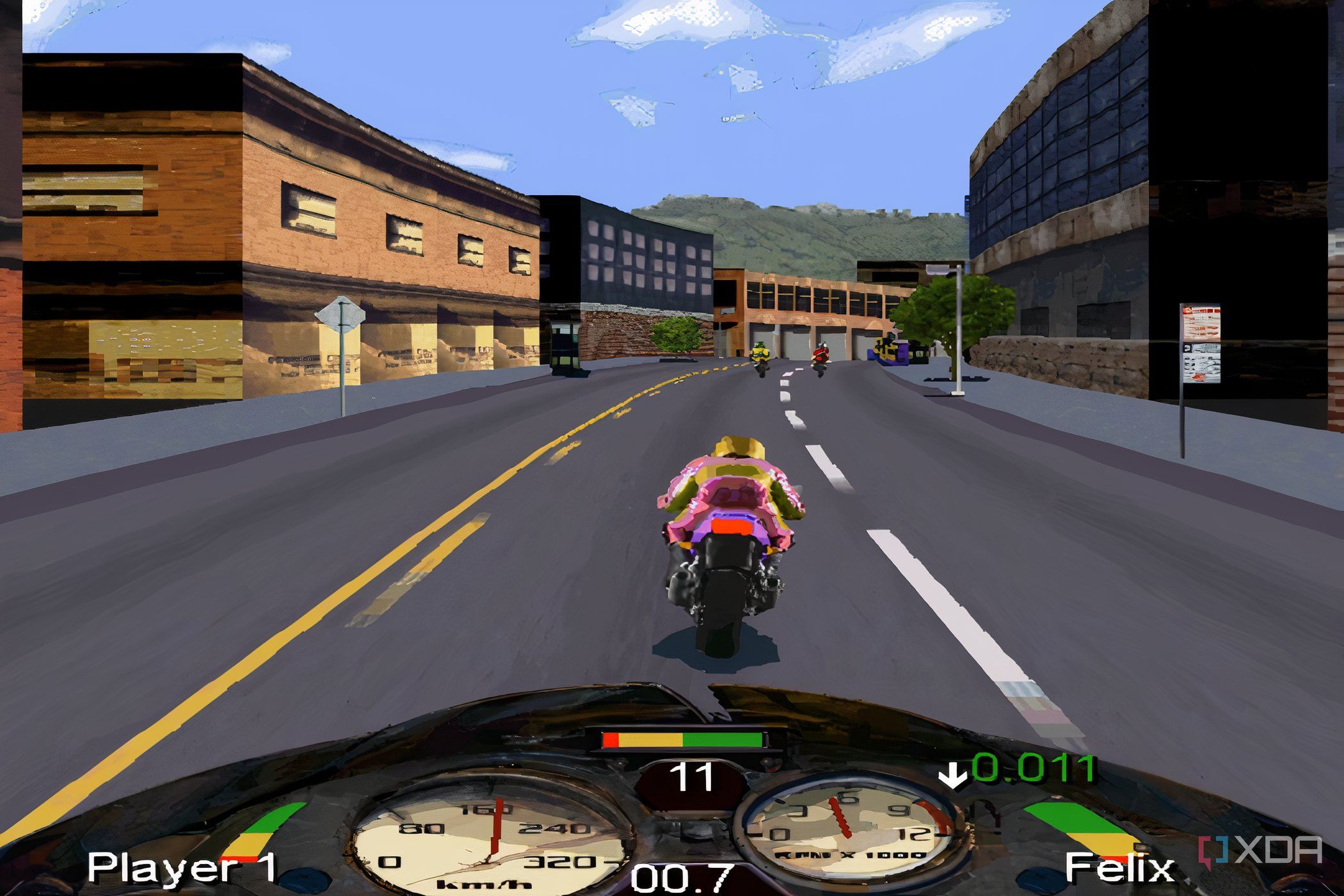 A screenshot from the game Road Rash, showing the player character speeding down the road.
