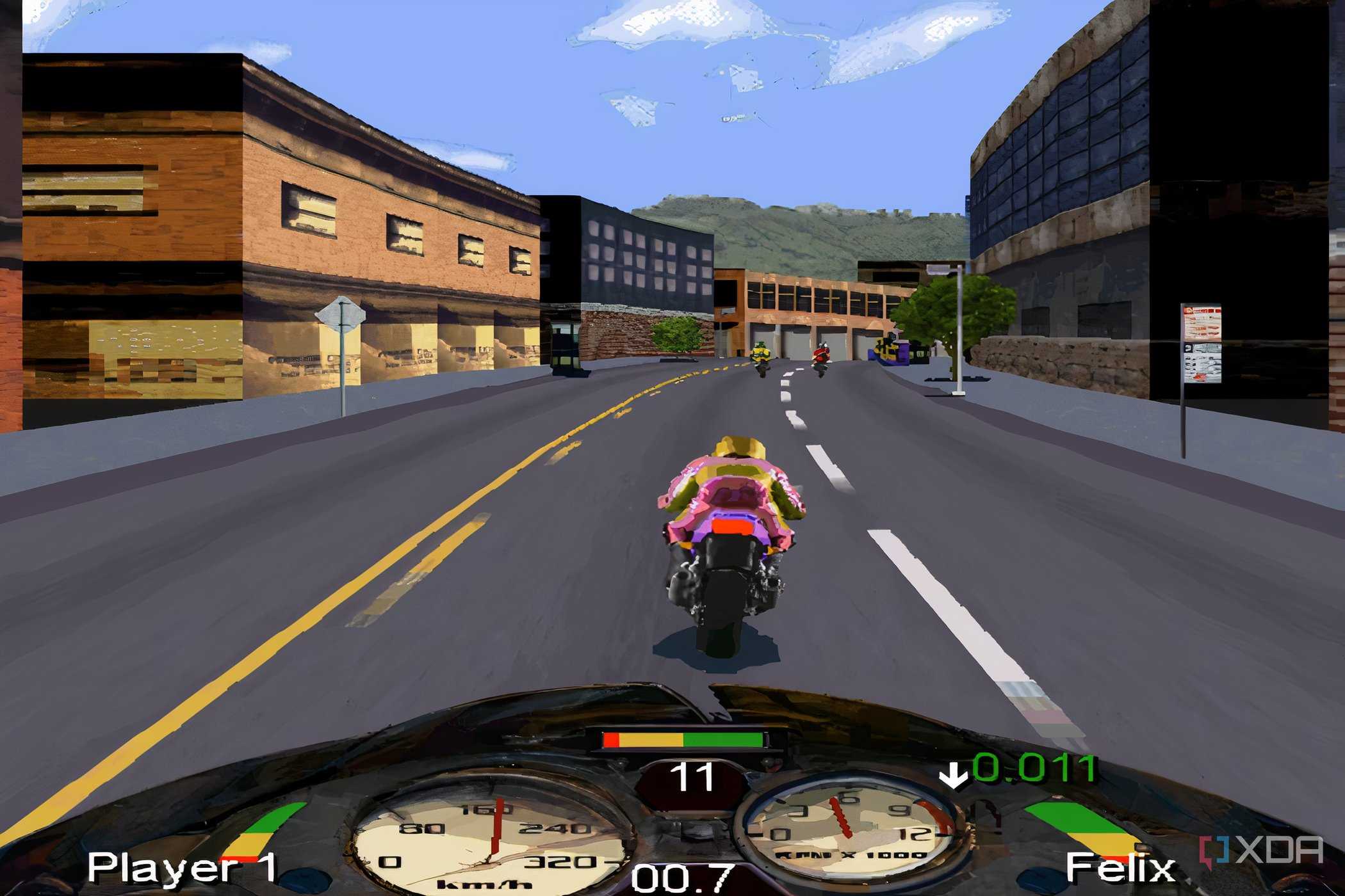 A screenshot from the game Road Rash, showing the player character speeding down the road.
