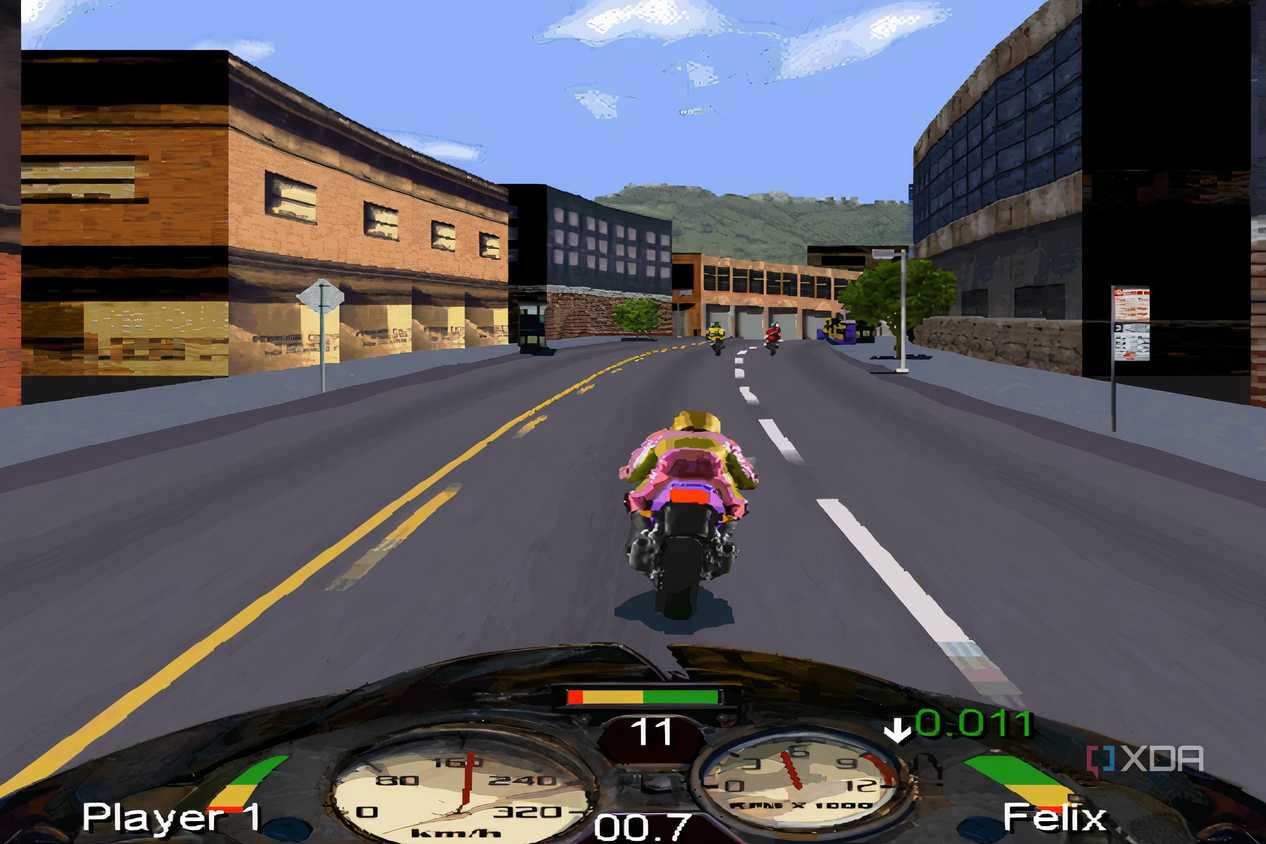 A screenshot from the game Road Rash, showing the player character speeding down the road.