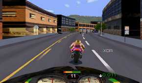 A screenshot from the game Road Rash, showing the player character speeding down the road.