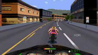 A screenshot from the game Road Rash, showing the player character speeding down the road.