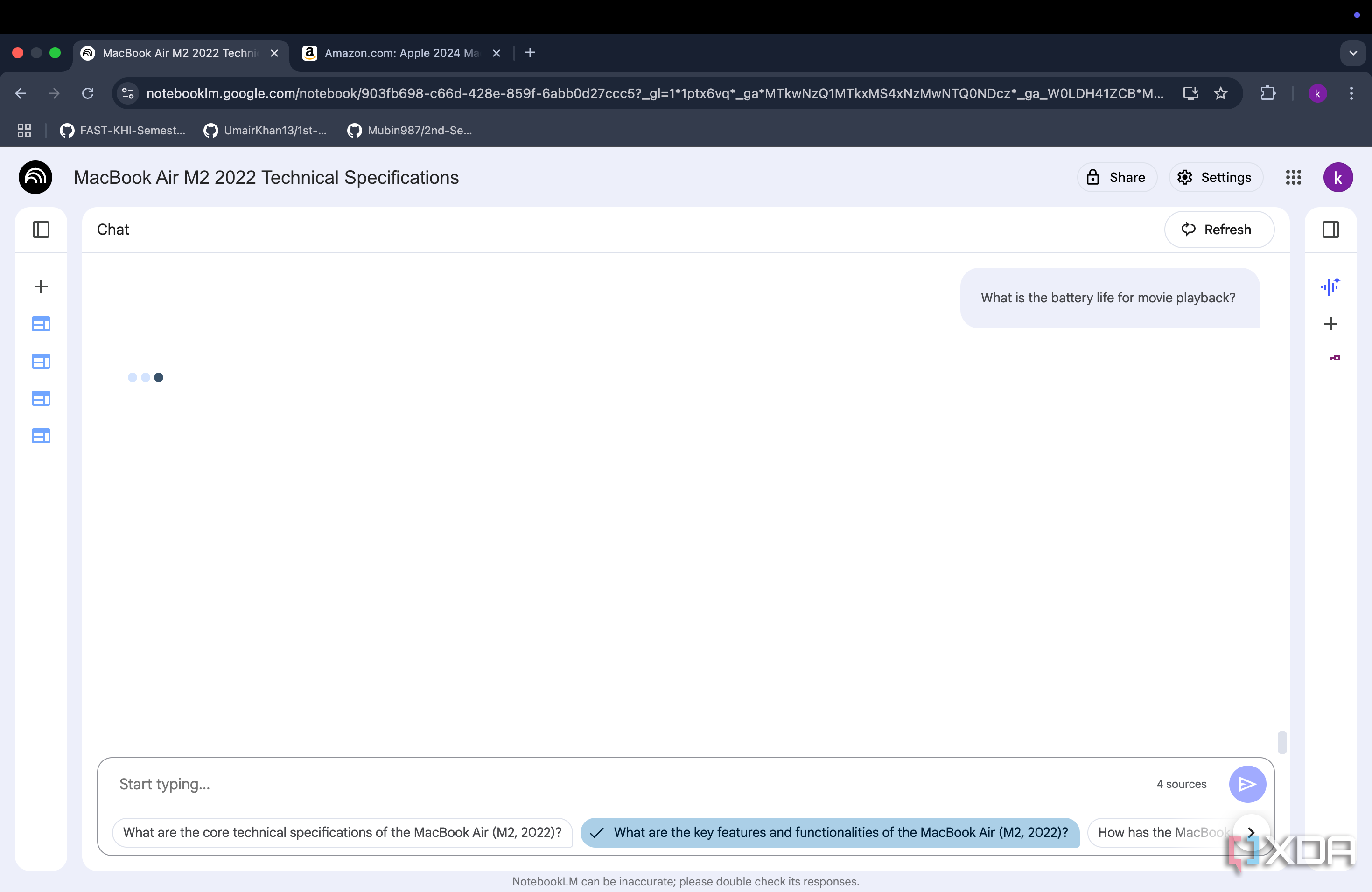 Asking NotebookLM battery life question about MacBook Air