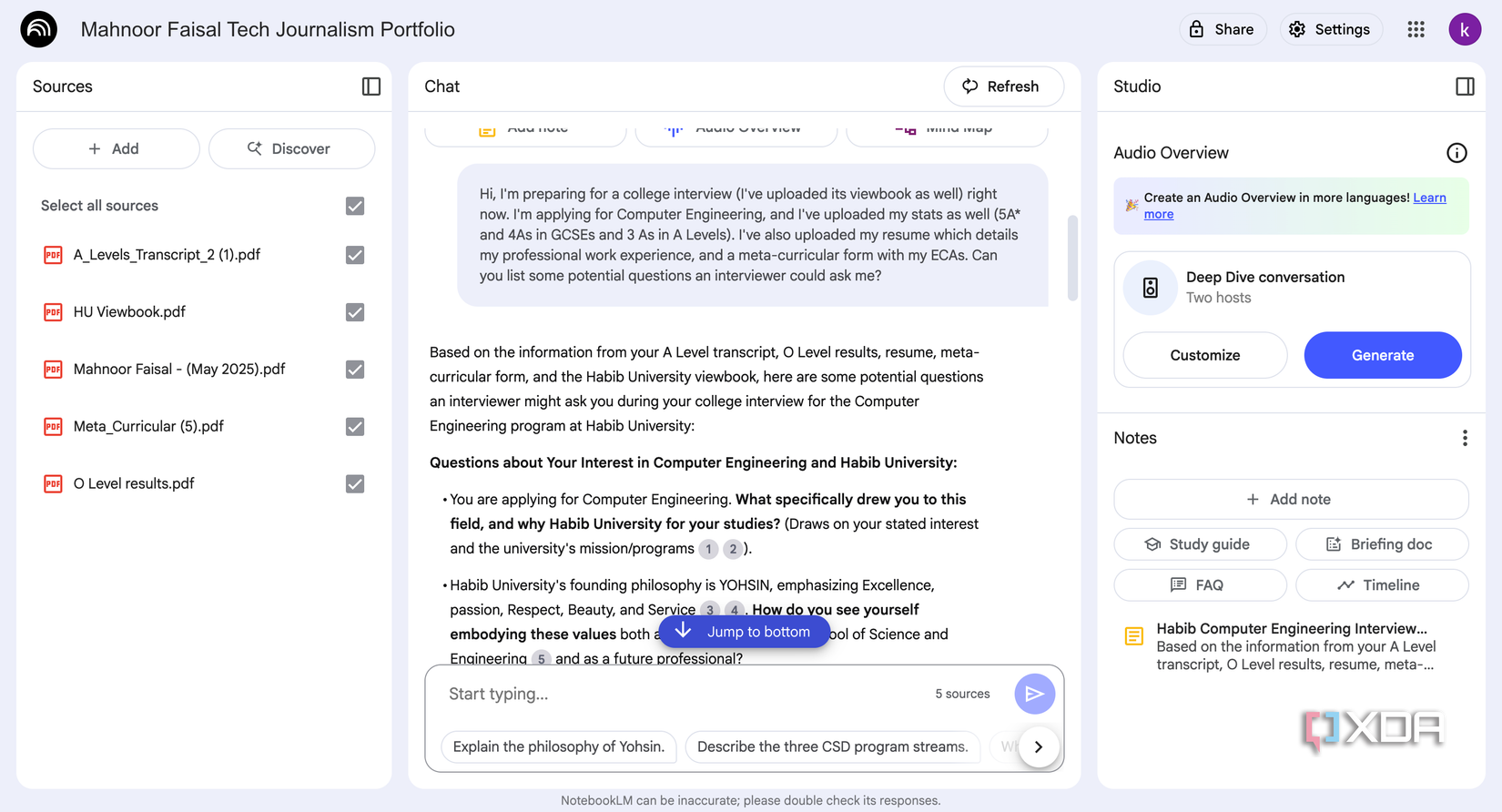 NotebookLM listing interview questions based on my profile