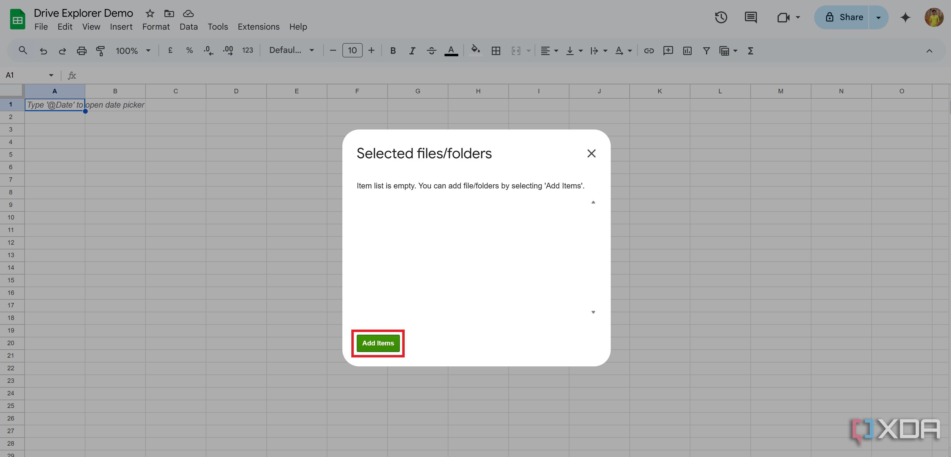 Add items to export into the sheet via Drive Explorer