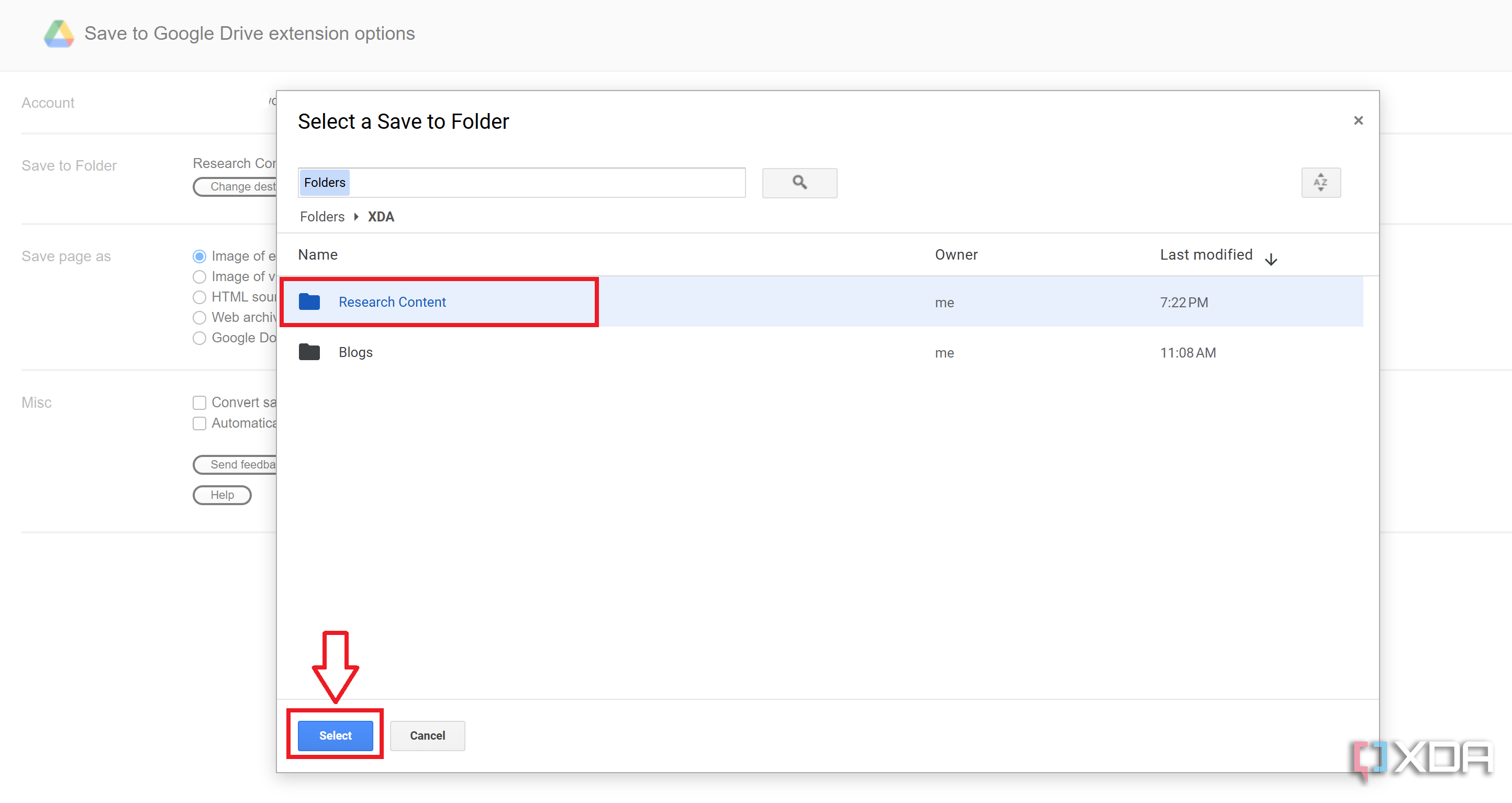 Select the desired location on your Google Drive account