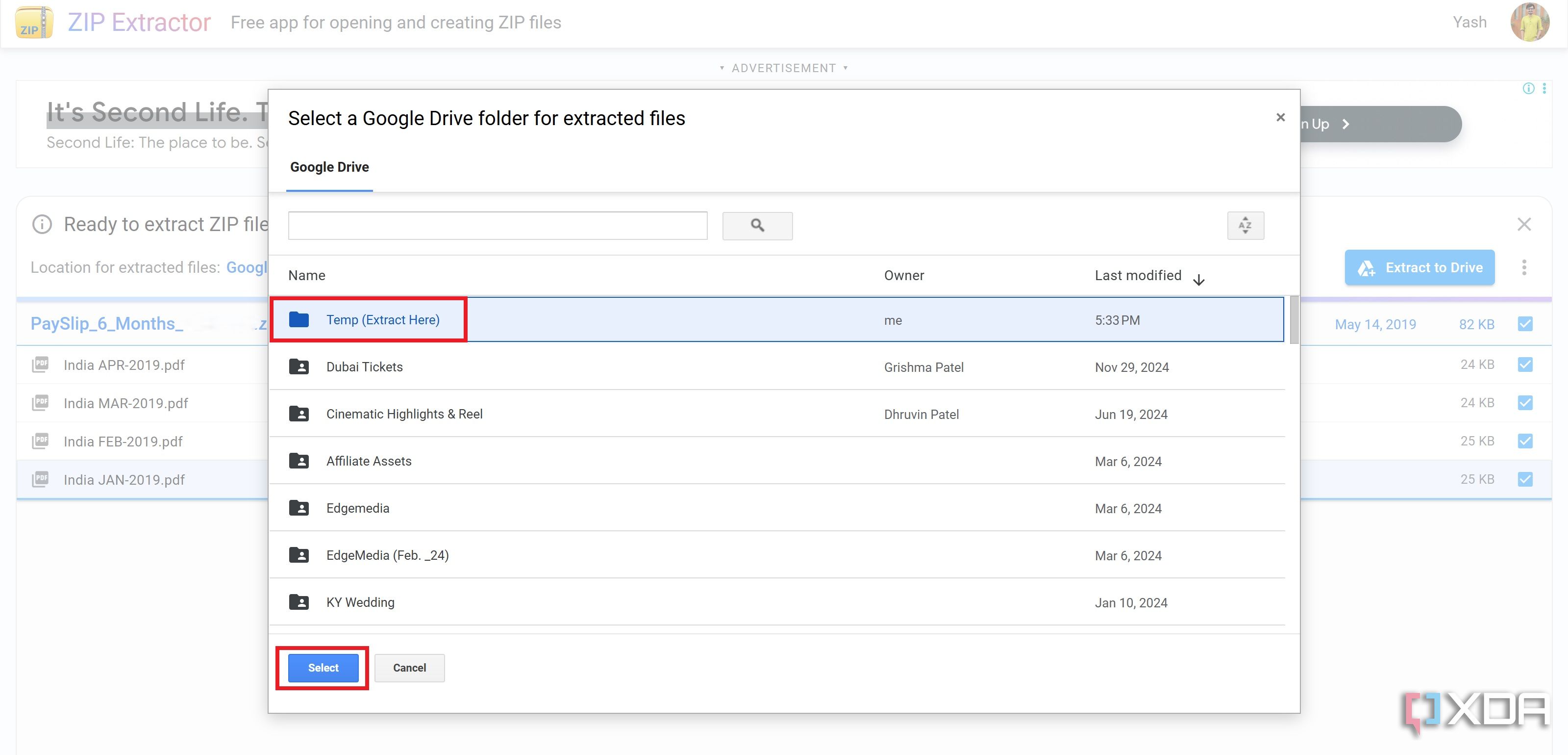 Select desired location to extract files via Zip Extractor