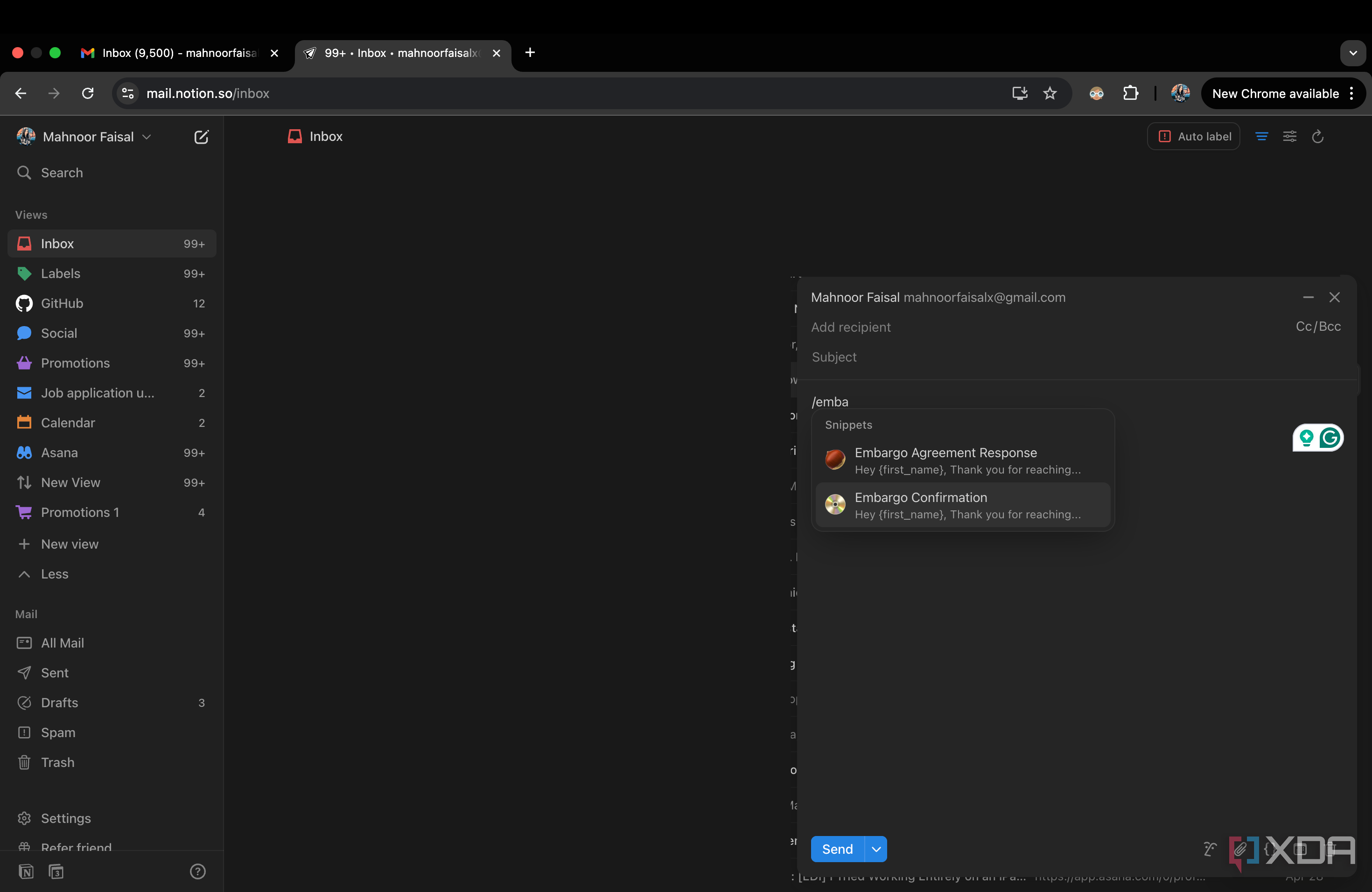 Notion Mail Menu with different Snippet options 