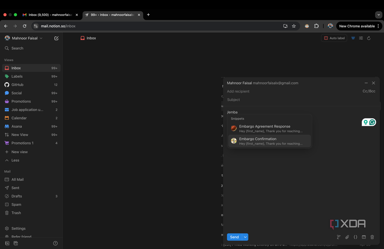 Notion Mail Menu with different Snippet options