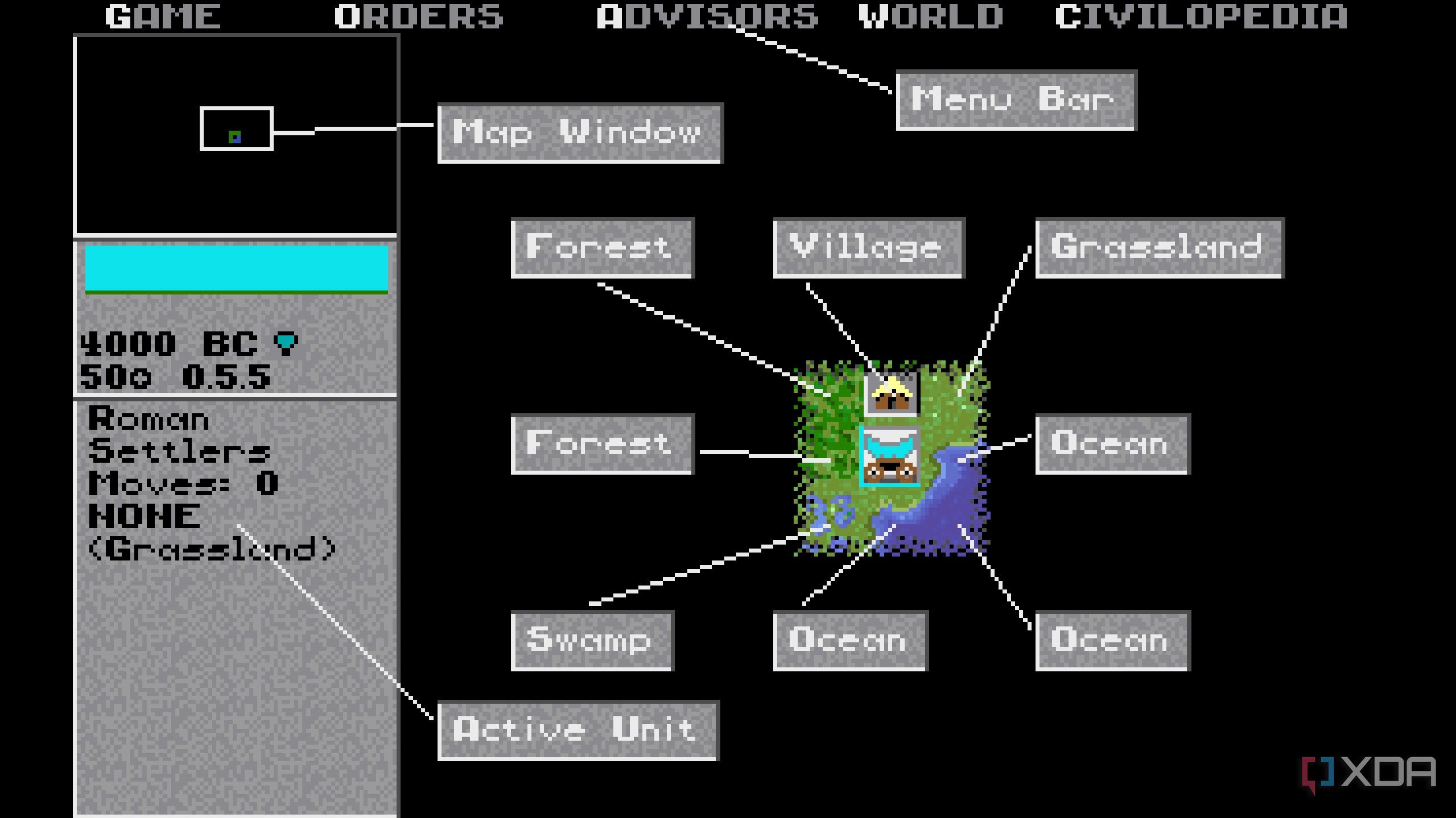 A screenshot from the 1991 DOS game, Sid Meier's Civilization.