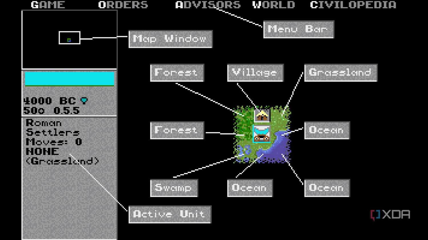 A screenshot from the 1991 DOS game, Sid Meier's Civilization.