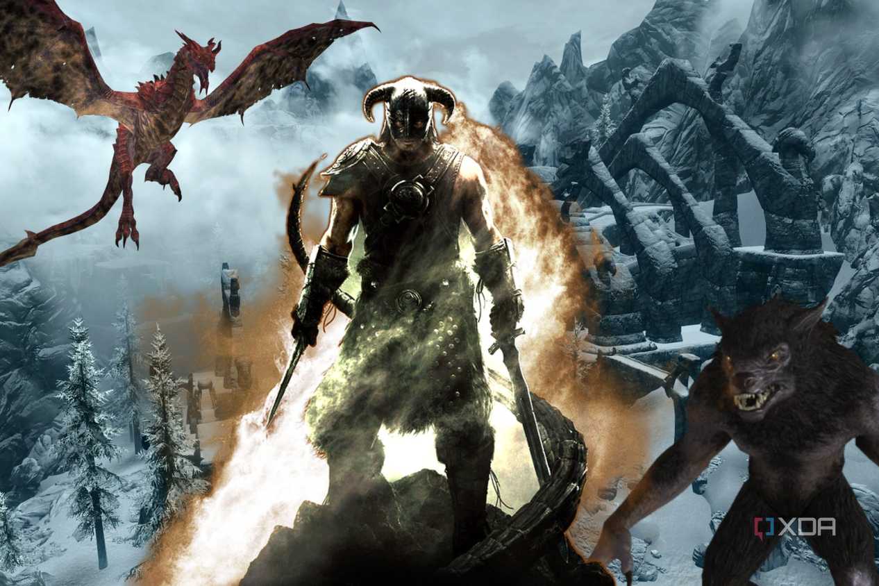 Skyrim winter ruins with Dragonborn and Werewolf