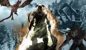Skyrim winter ruins with Dragonborn and Werewolf