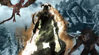 Skyrim winter ruins with Dragonborn and Werewolf