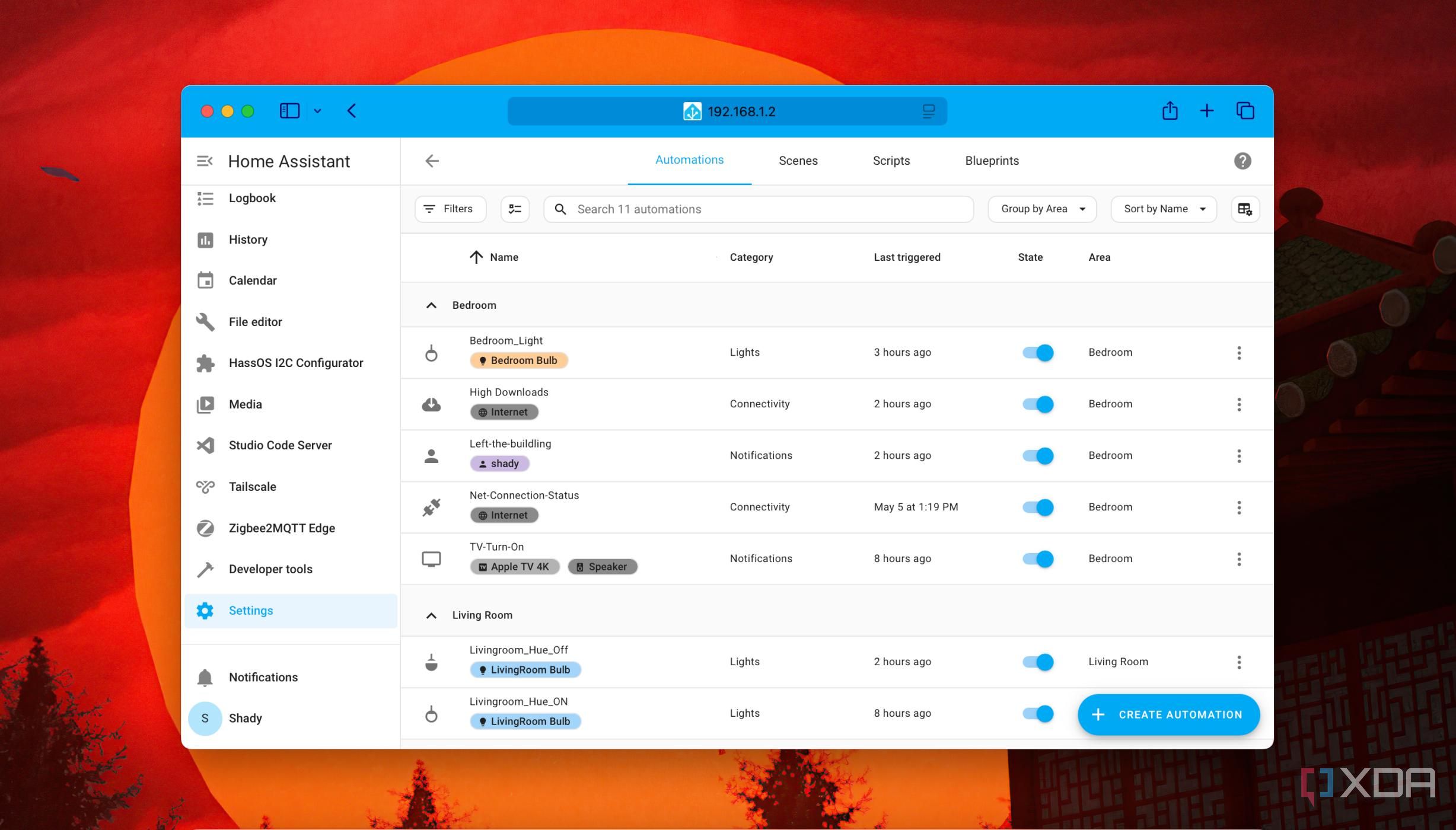 A screenshot of sorting automations by Area in Home Assistant
