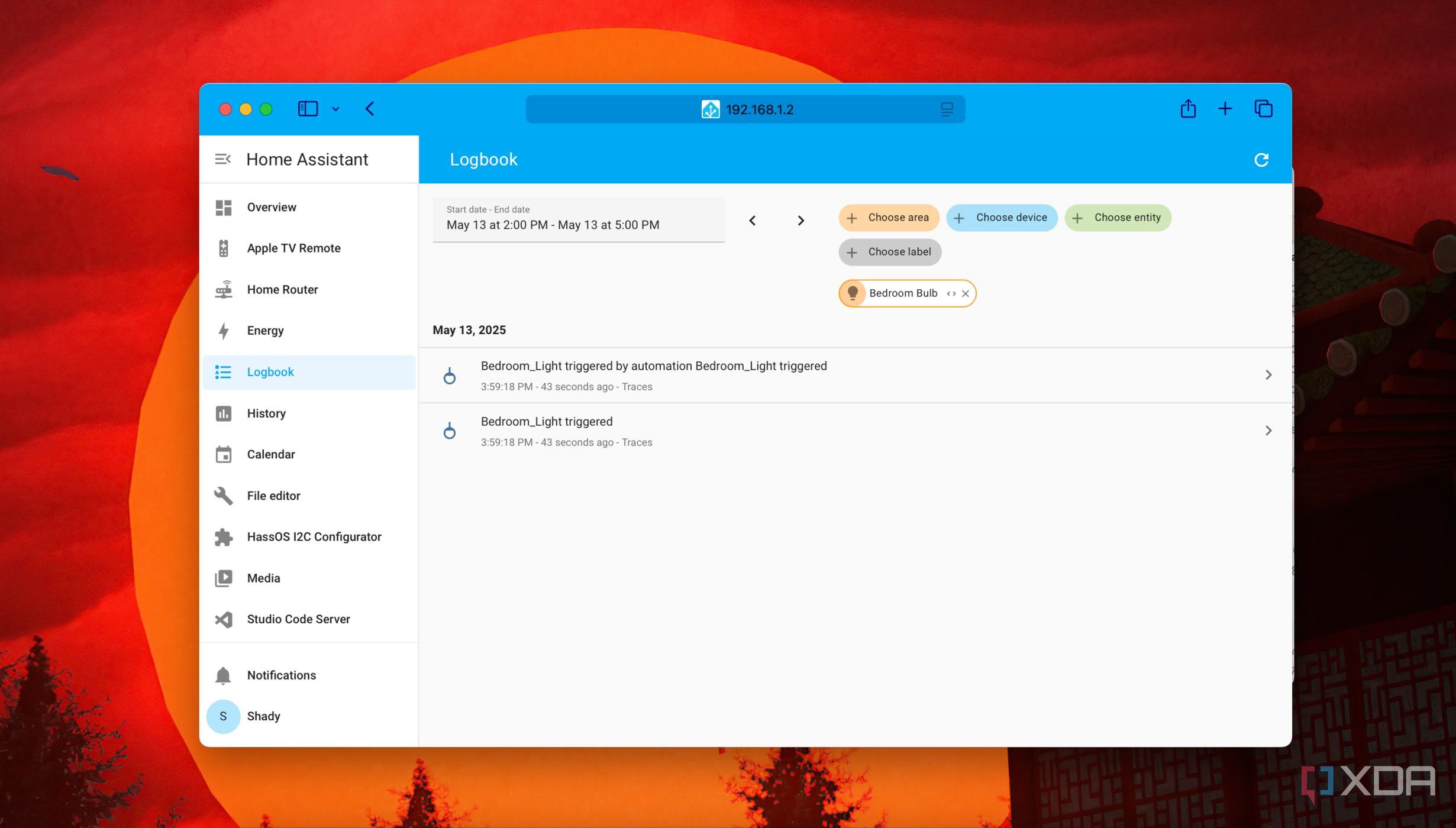A screenshot of sorting Logbook entries by Device in Home Assistant