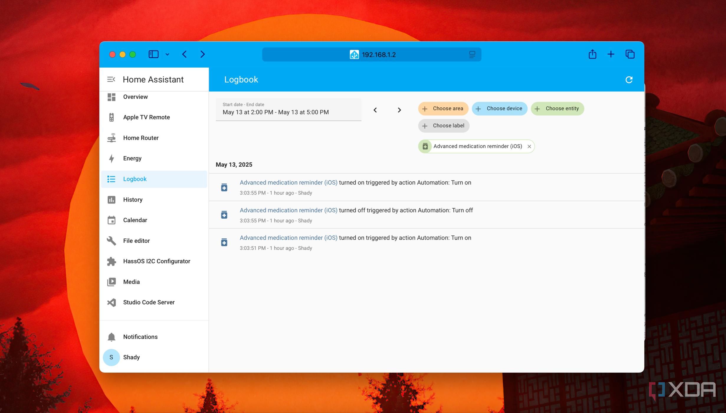 A screenshot of sorting Logbook entries by Entity in Home Assistant