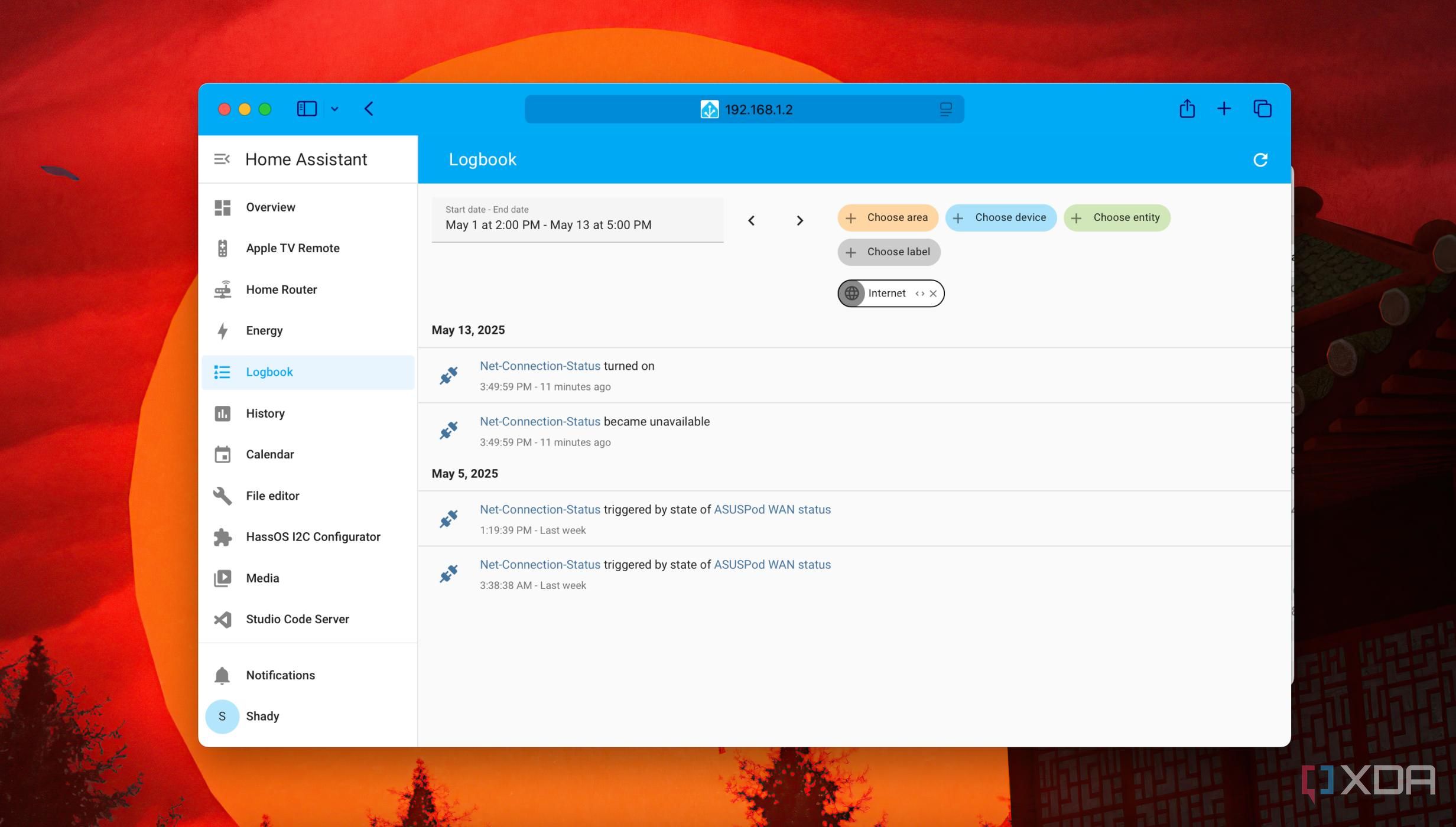 A screenshot of sorting Logbook entries by Label in Home Assistant