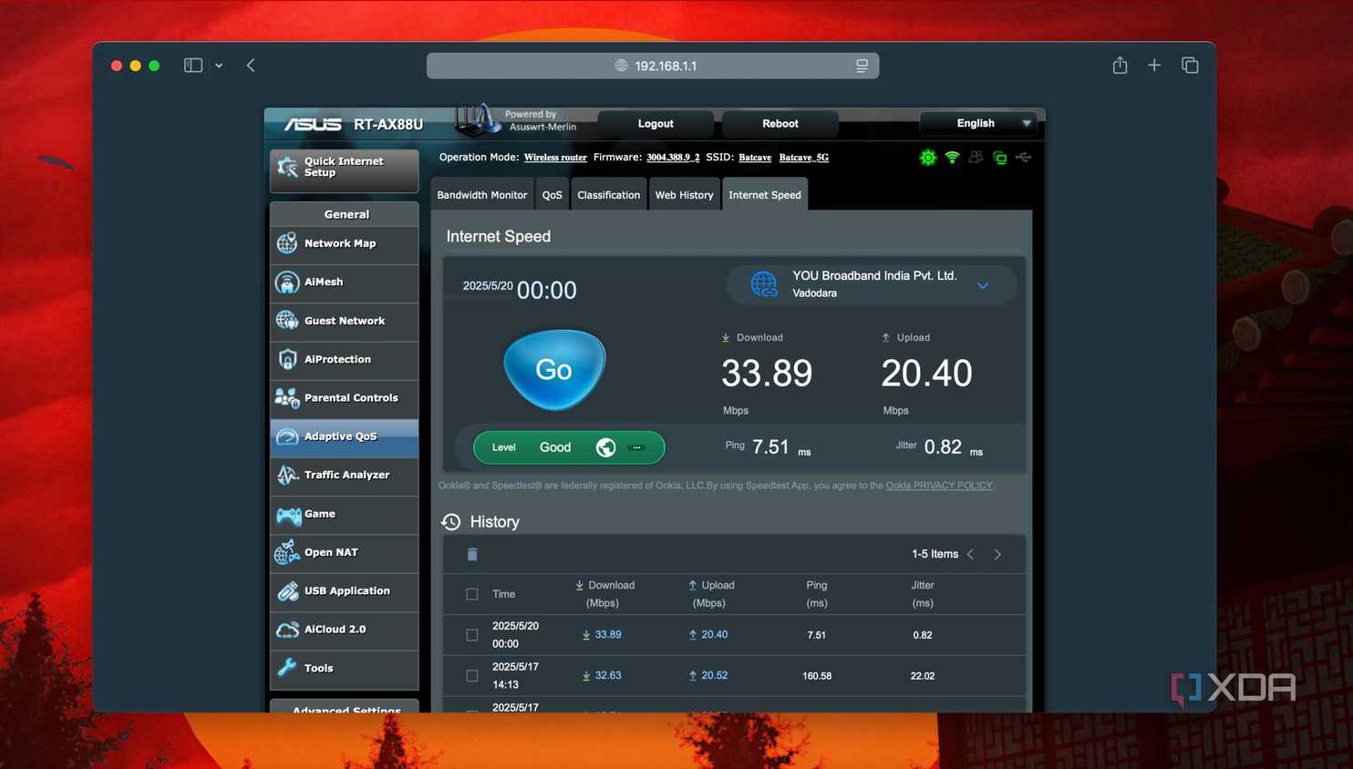 Speed test inside ASUS router interface