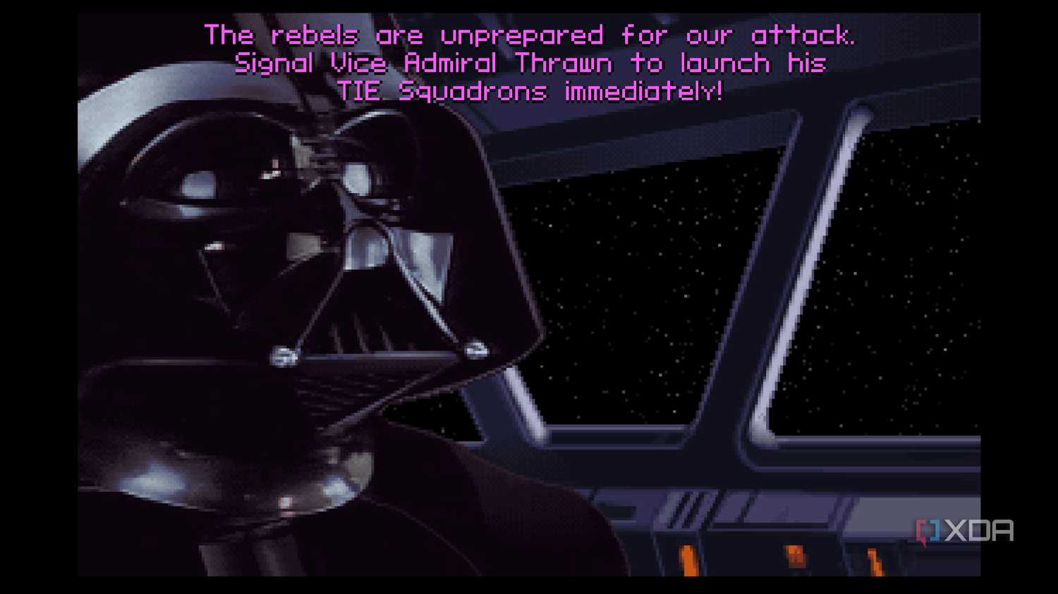 A screenshot from the 1994 DOS game, Star Wars: Tie Fighter.