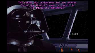 A screenshot from the 1994 DOS game, Star Wars: Tie Fighter.