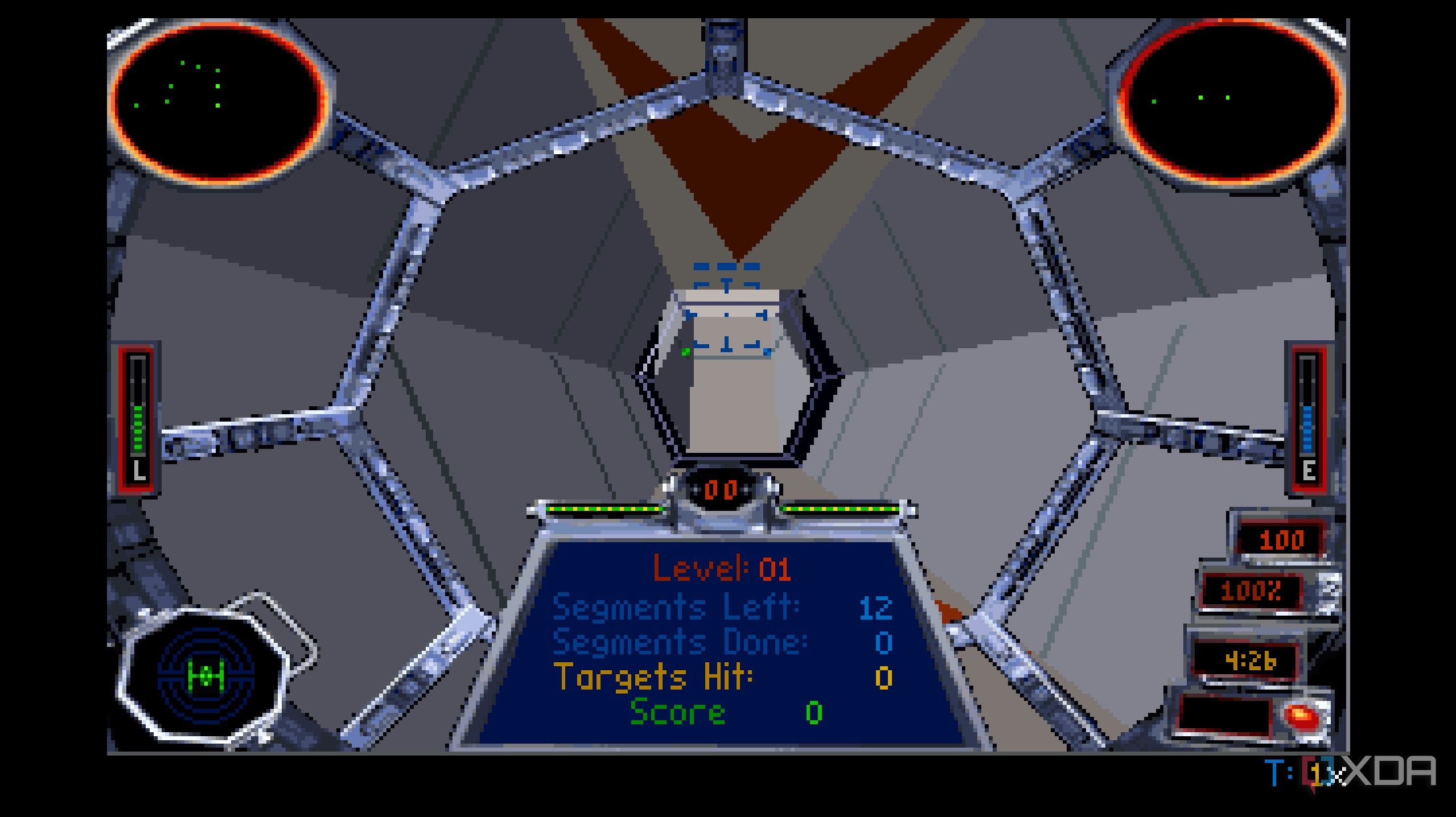 A screenshot from the 1994 DOS game, Star Wars: Tie Fighter.