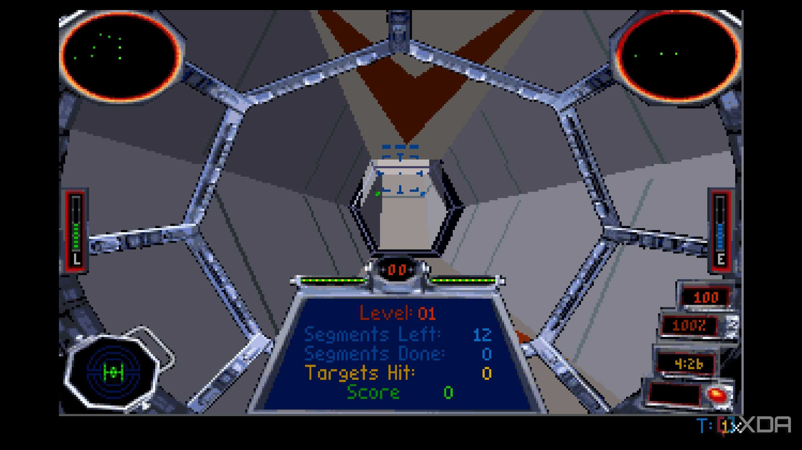 A screenshot from the 1994 DOS game, Star Wars: Tie Fighter.