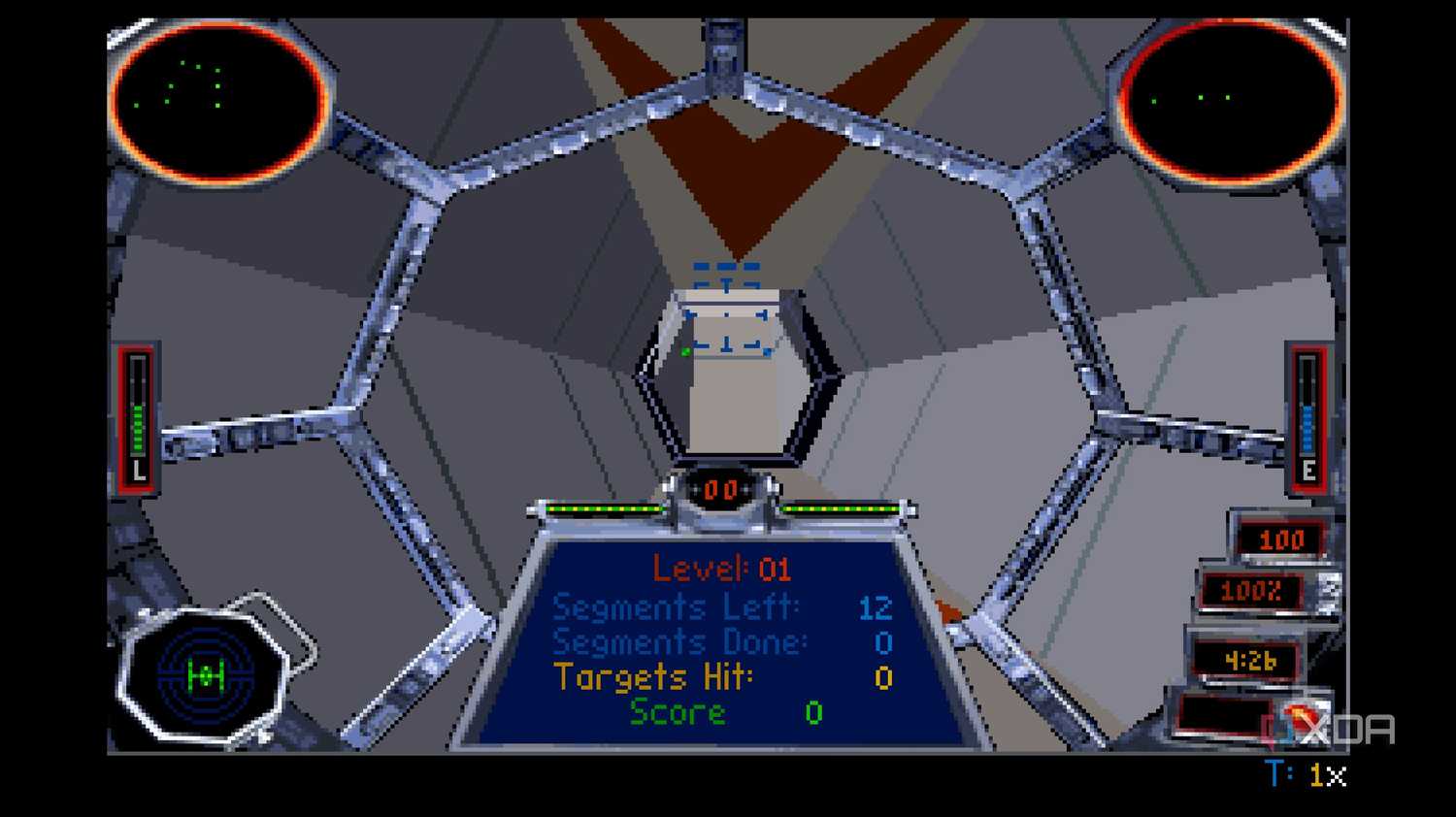 A screenshot from the 1994 DOS game, Star Wars: Tie Fighter.