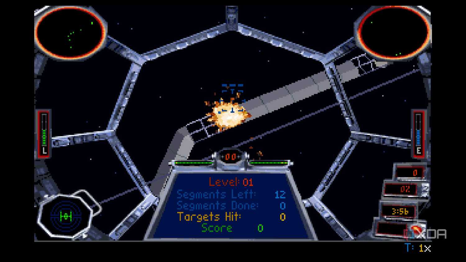 A screenshot from the 1994 DOS game, Star Wars: Tie Fighter.
