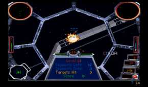 A screenshot from the 1994 DOS game, Star Wars: Tie Fighter.