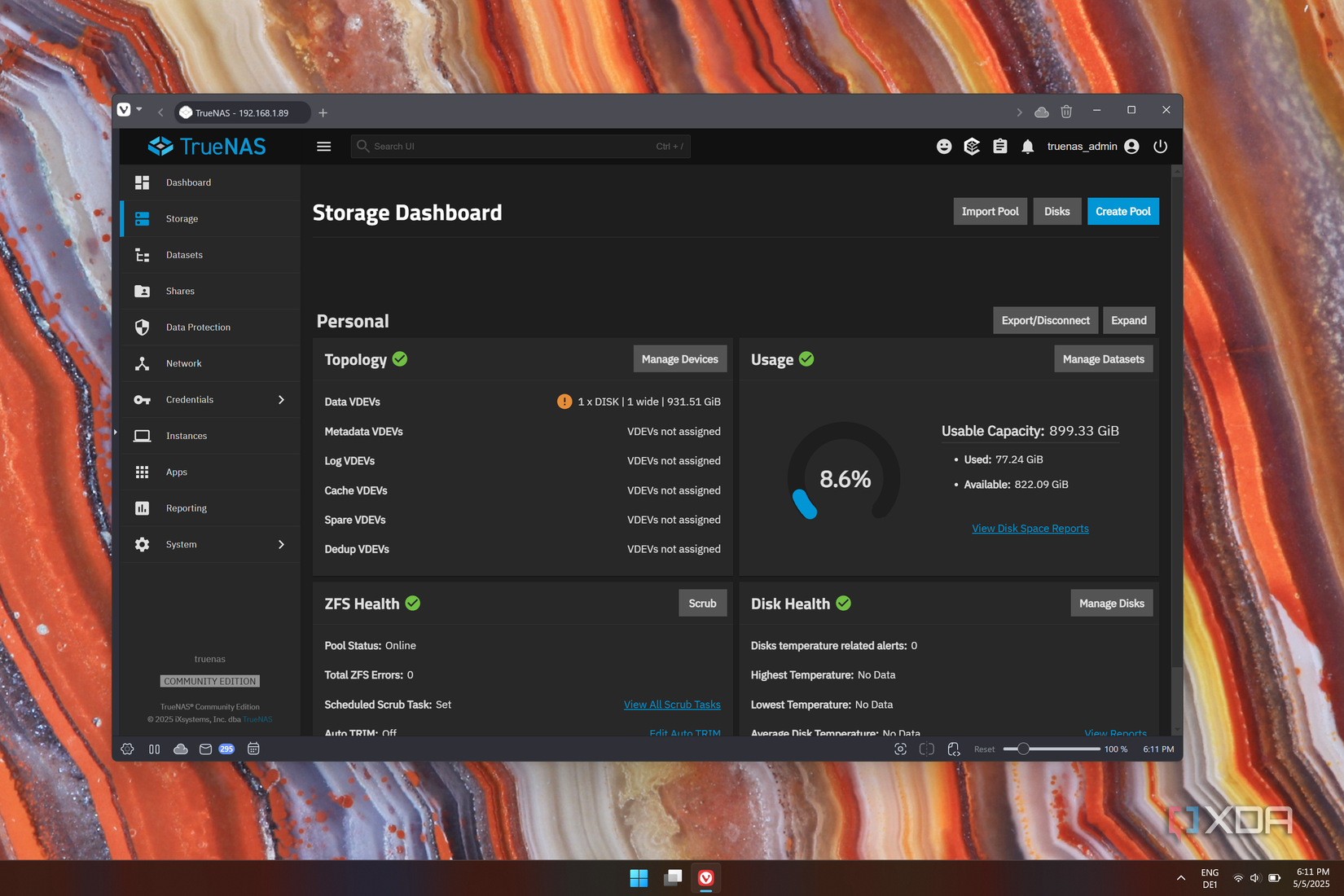 Screenshot of TrueNAS showing information about a storage pool