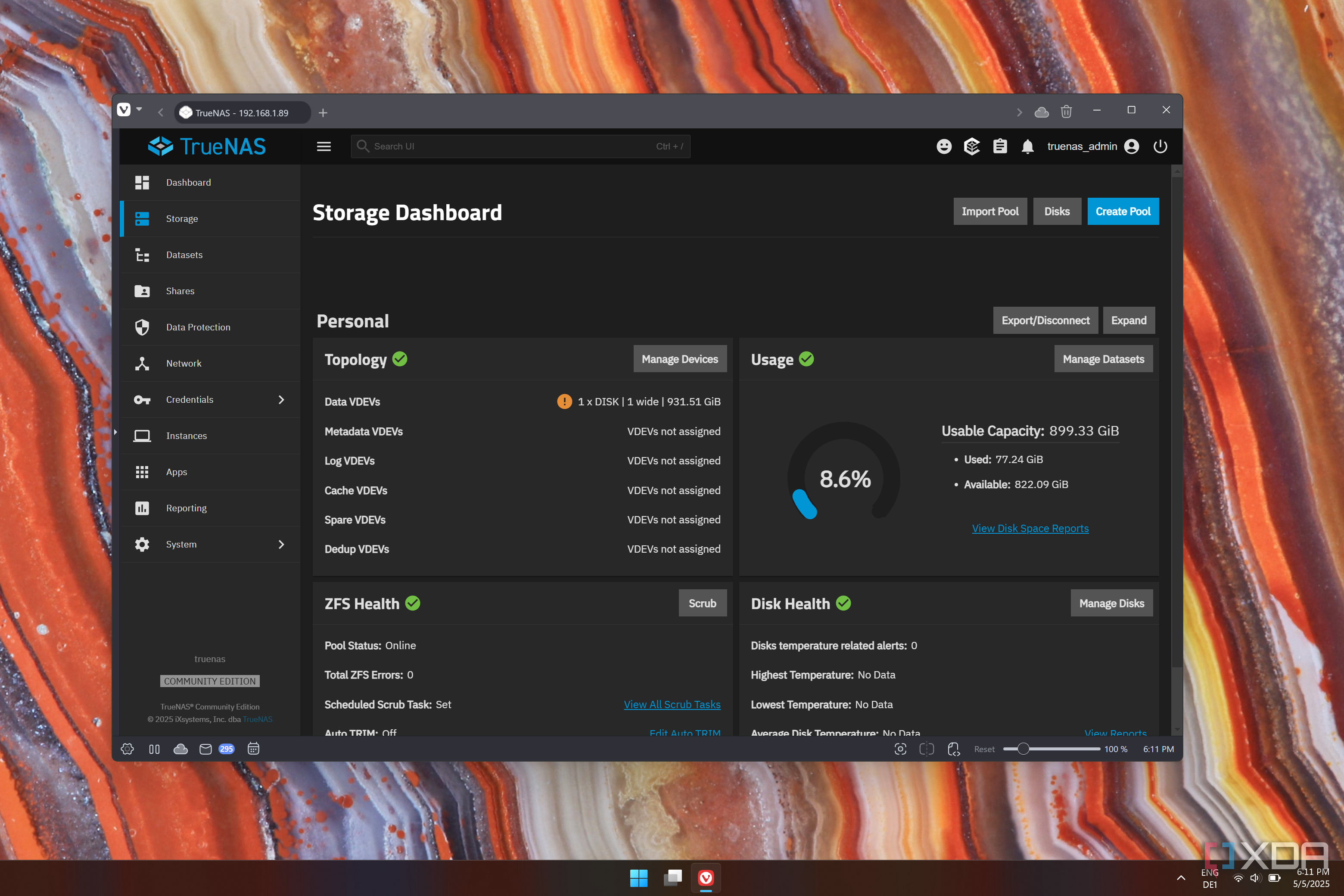Screenshot of TrueNAS showing information about a storage pool