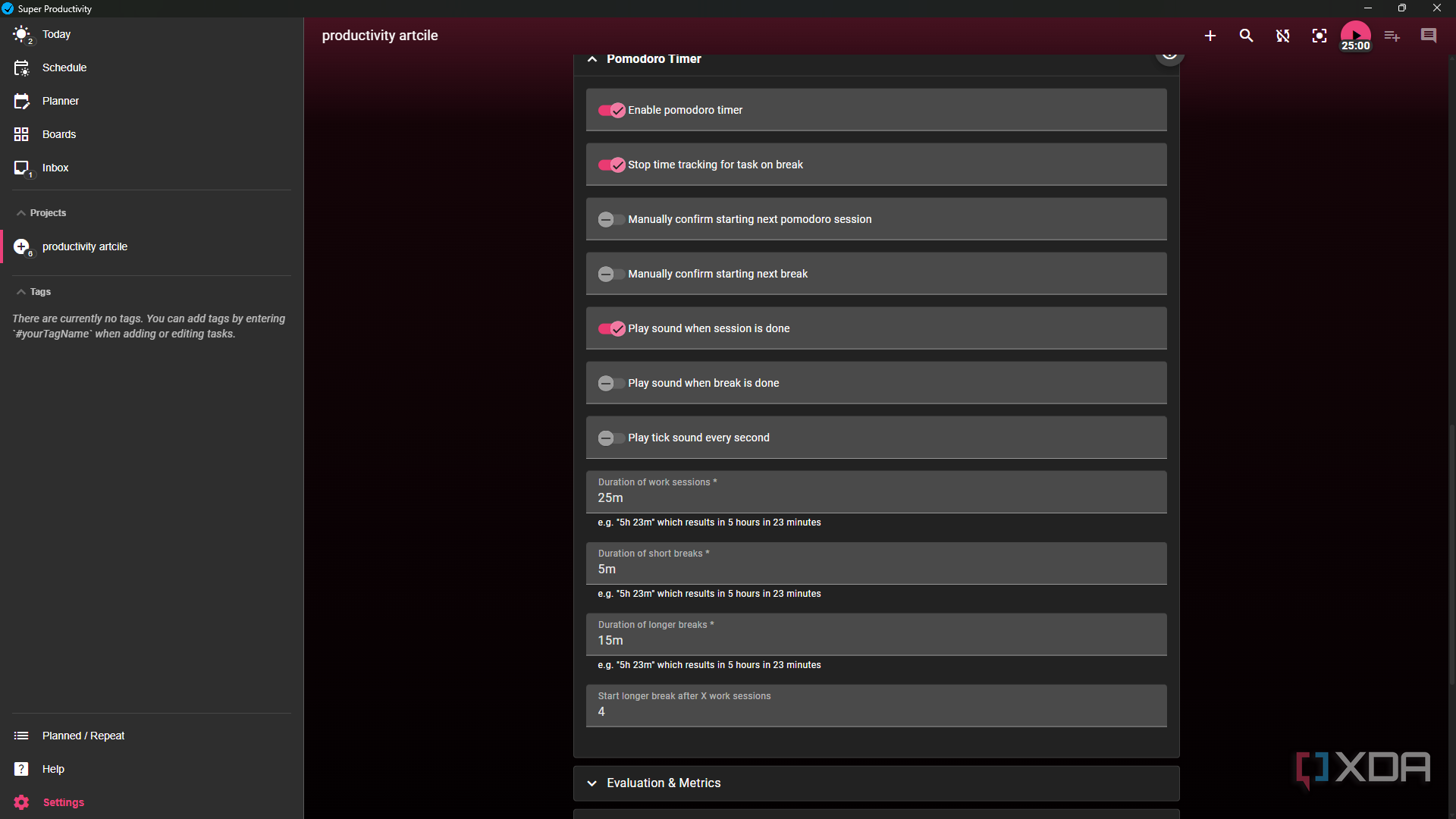 Super Productivity Pomodor settings