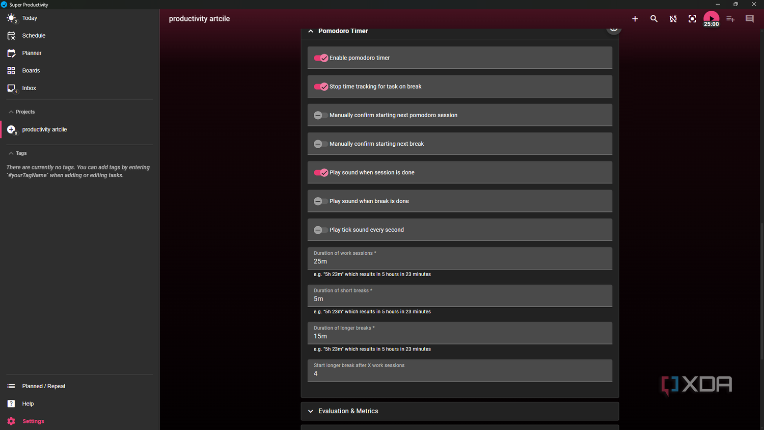 Super Productivity Pomodor settings