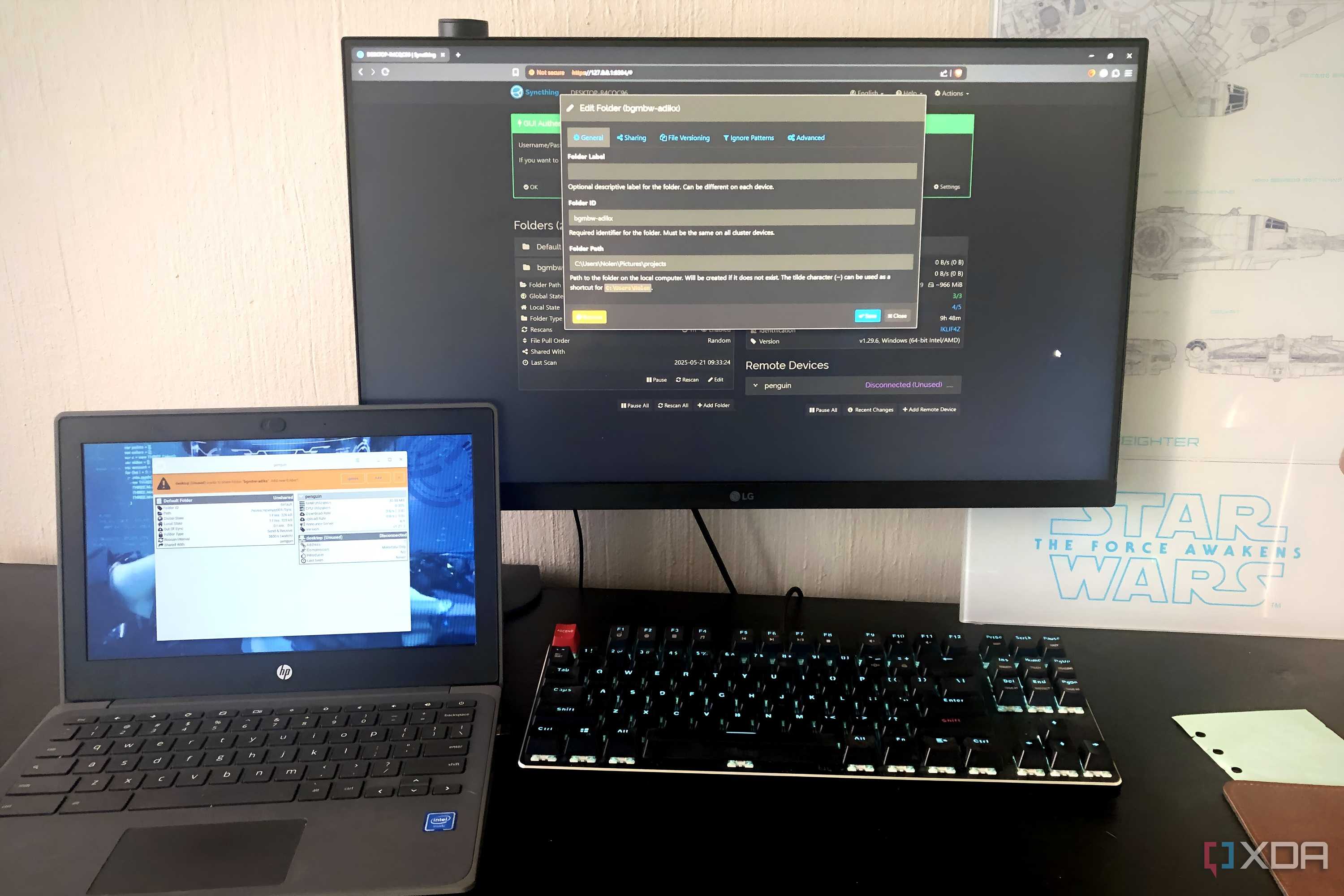 Syncthing displayed on Windows desktop and Chromebook