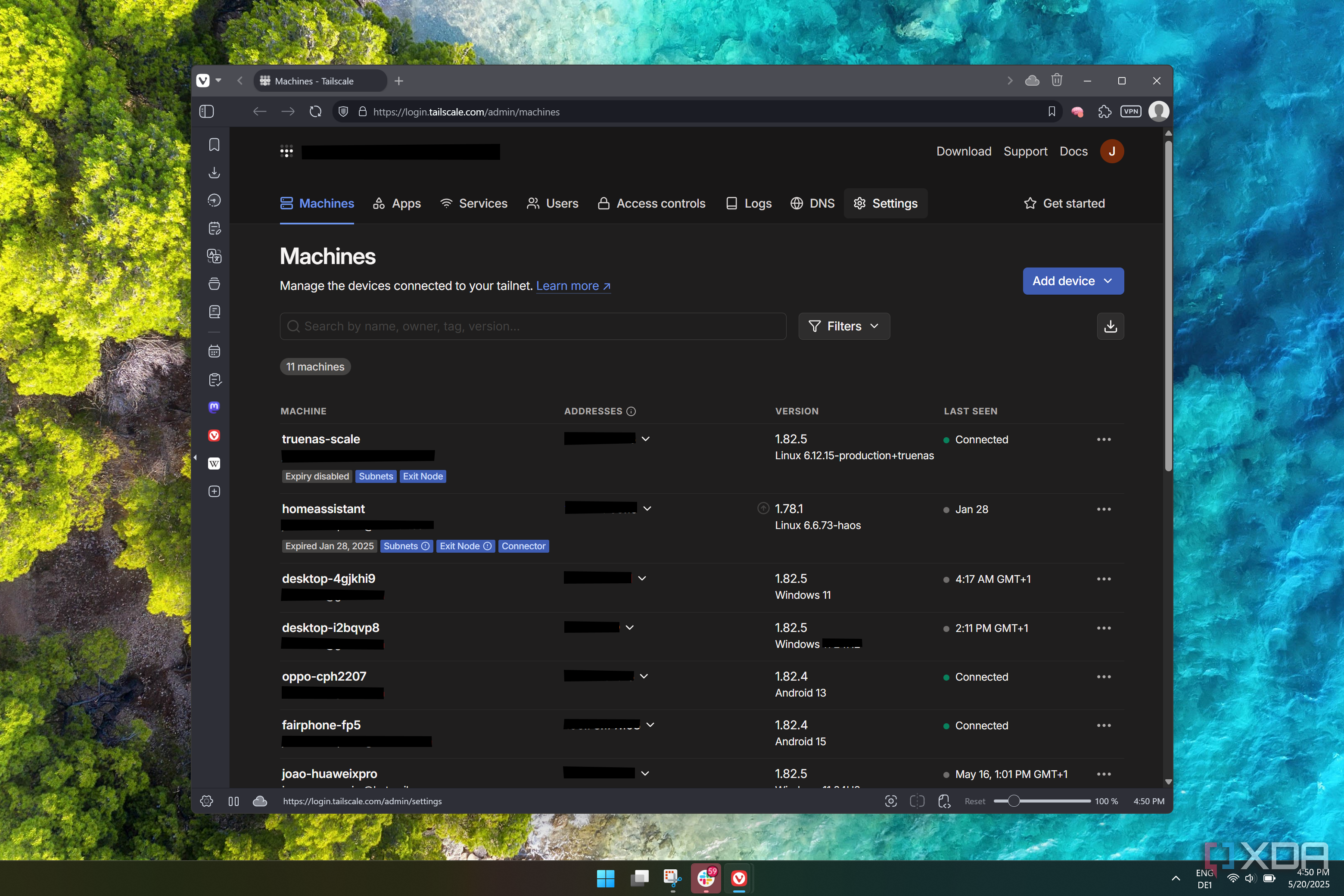 Screenshot of the Tailscale admin portal open in a web browser on Windows 11