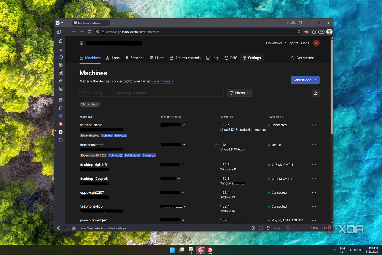 Screenshot of the Tailscale admin portal open in a web browser on Windows 11