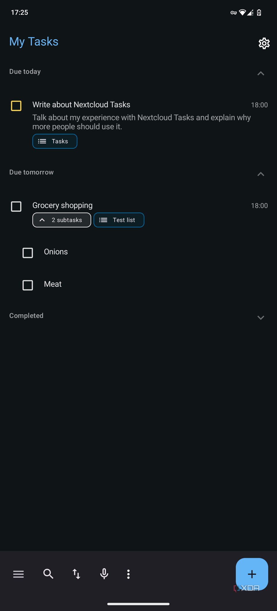 Screenshot of Tasks.org on Android showing upcoming tasks