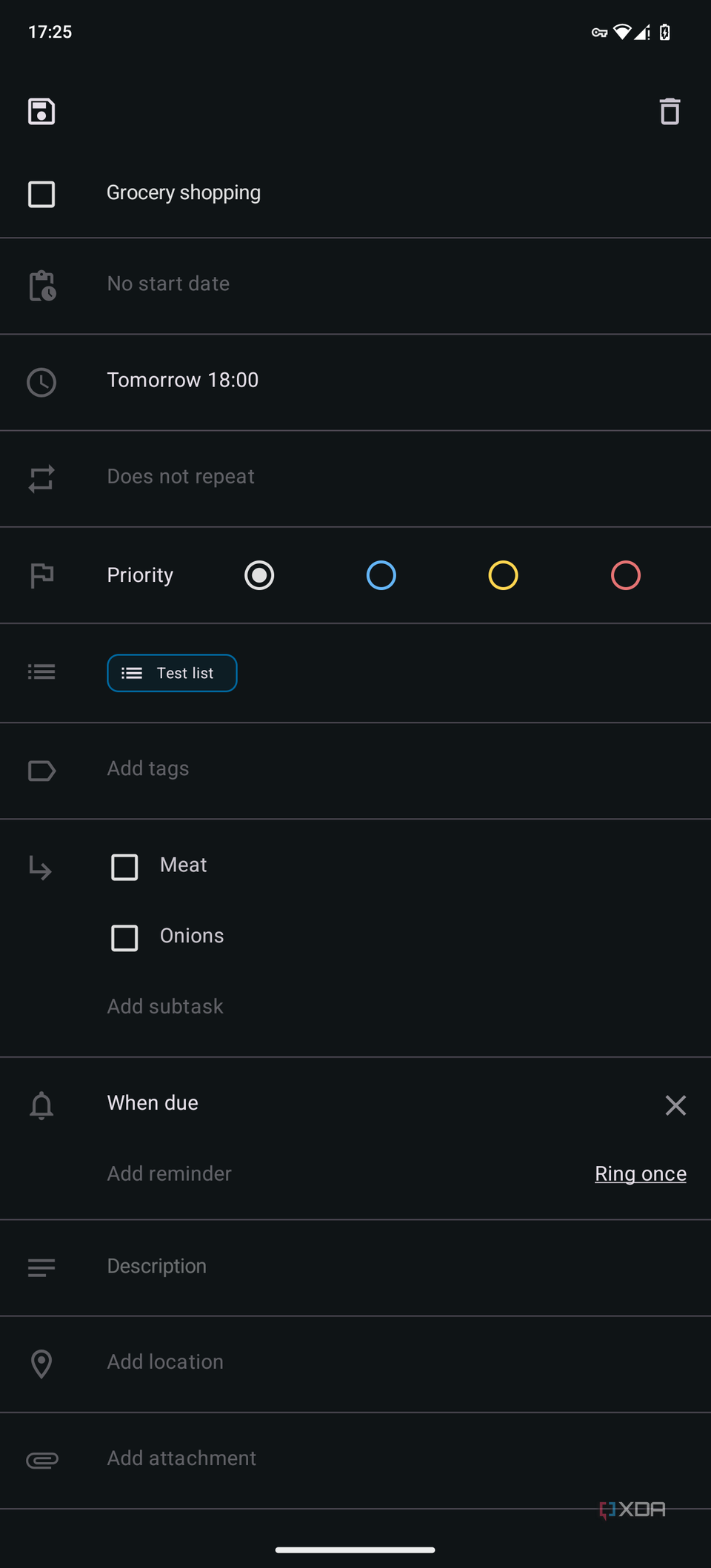 Screenshot of Tasks.org on Android showing the edit view for a task with subtasks