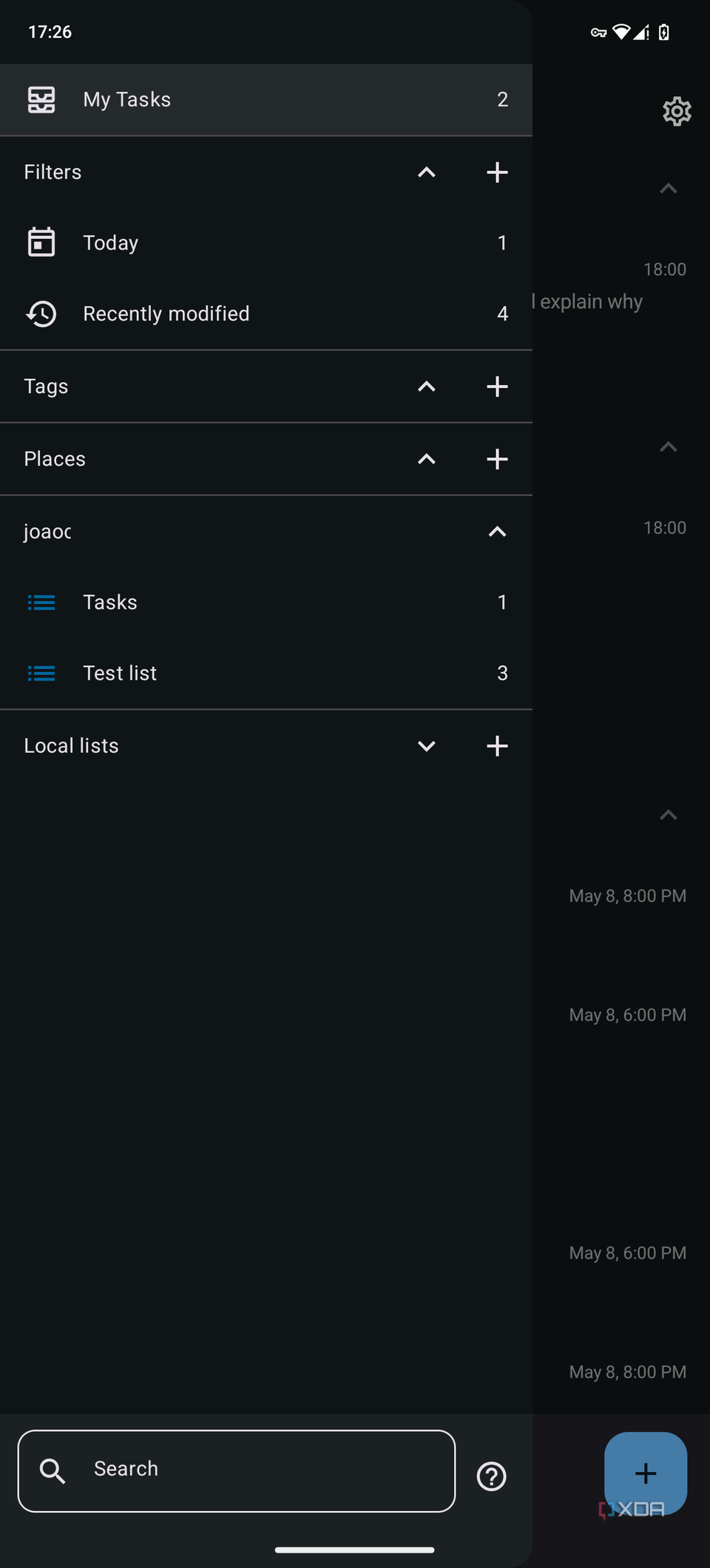 Screenshot of Tasks.org on Android showing the sidebar with available accounts to sync