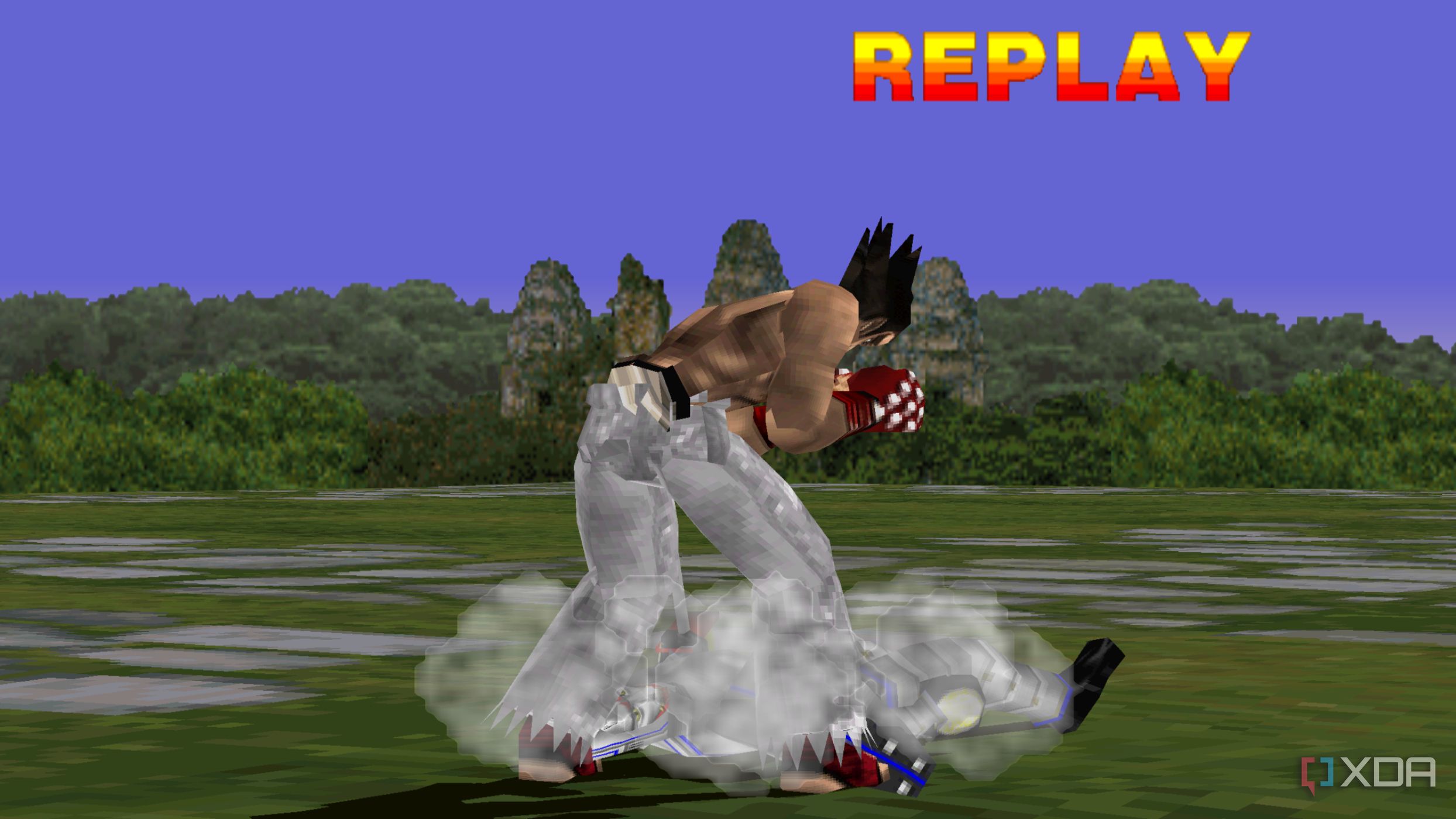 Kazuya Mishima defeating Yoshimitsu in PlayStation 1 game Tekken.