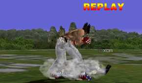 Kazuya Mishima defeating Yoshimitsu in PlayStation 1 game Tekken.