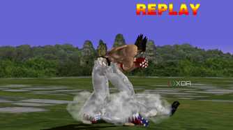Kazuya Mishima defeating Yoshimitsu in PlayStation 1 game Tekken.