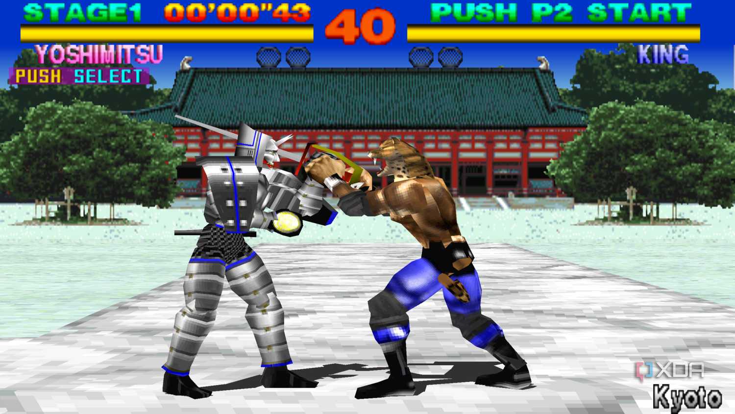 Yoshimitsu and King fighting in PlayStation 1 game Tekken.