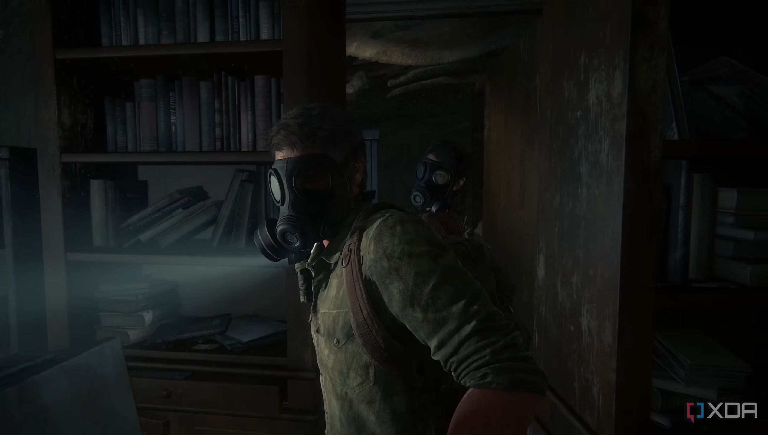 Joel and Tess wearing gas masks in The Last of Us Part 1.
