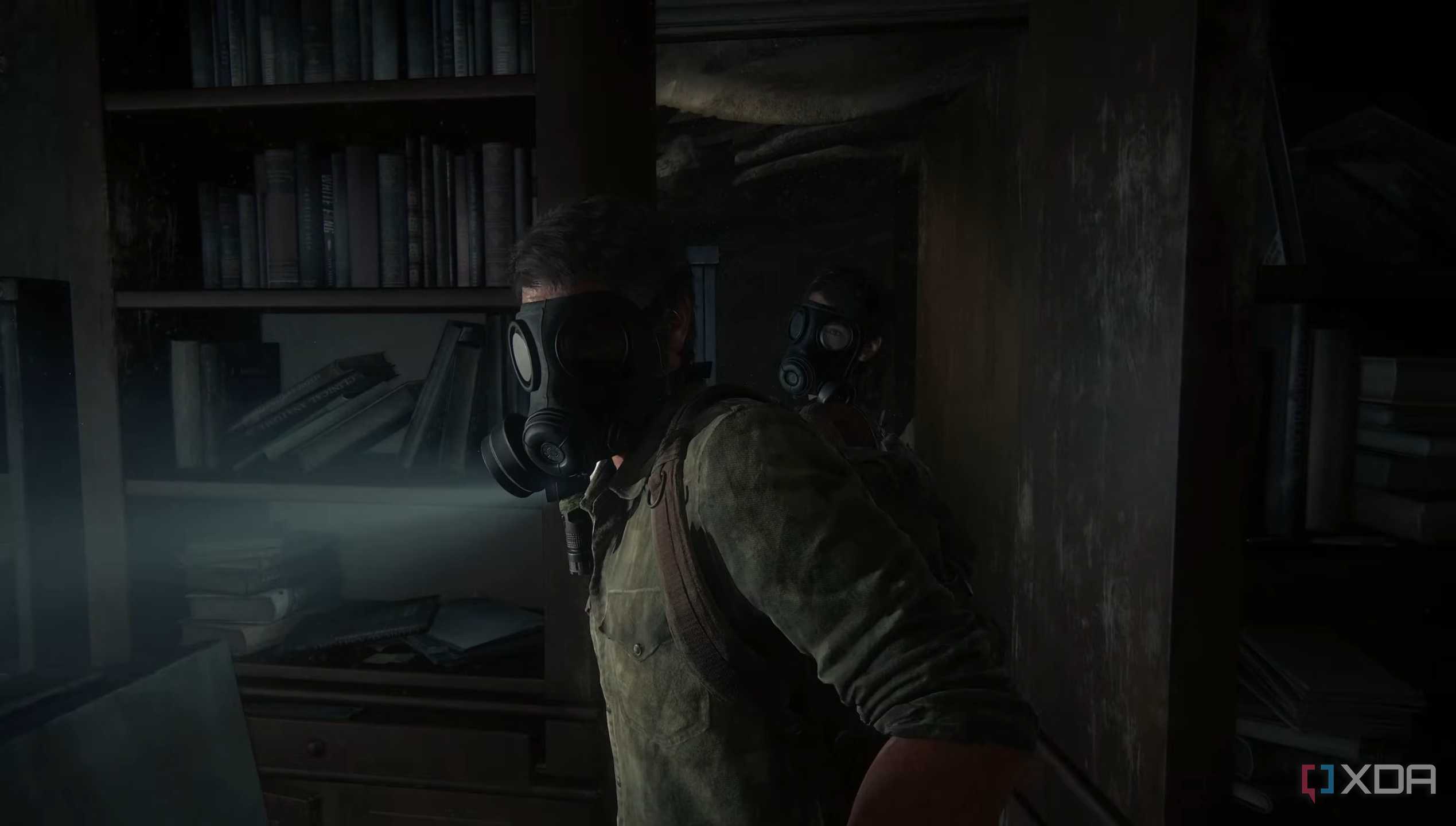 Joel and Tess wearing gas masks in The Last of Us Part 1.